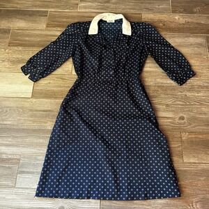 Vintage 1970s-1980s Breli Originals Navy Blue  Dress White Collar 3/4 Sleeve S/M